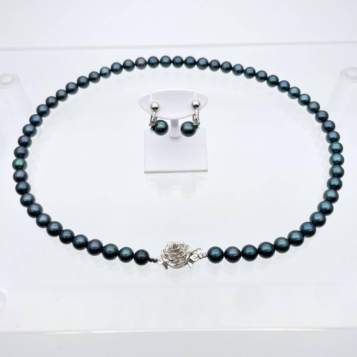 ブラック パール 真珠 ネックレス イヤリング セット ブルー系 約40cm 約6.5-6.8mm 総重量約31.8g 中古 ◆2008拍卖