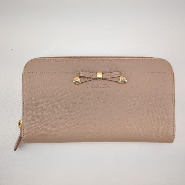 プラダ 長財布 サフィアーノ ピンクベージュ 1M0506 PRADA ラウンド ファスナー レディース リボン CAMMEO ギャランティ ◆2005拍卖