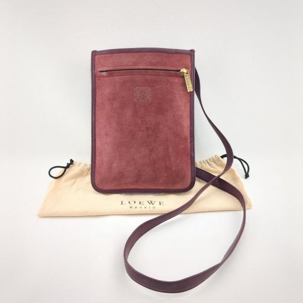 ロエベ ショルダー ミニバッグ ポーチバッグ アナグラム ワインレッド スウェード×レザー ゴールド金具 LOEWE ◆2005拍卖
