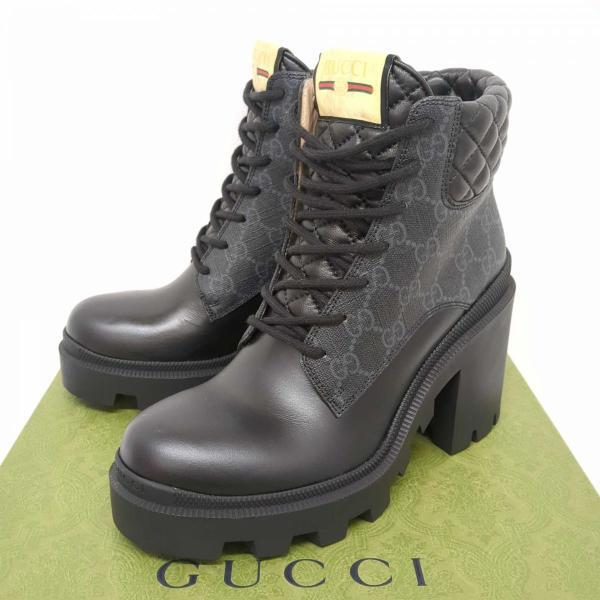 美品 グッチ ショートブーツ 38サイズ GGスプリーム ブラック グレー レディース 959691 GUCCI 中古 ◆2008拍卖