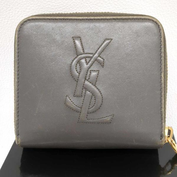 イヴサンローラン 二つ折り財布 レザー グレー 箱 Yves Saint Laurent 中古 ◆2008拍卖