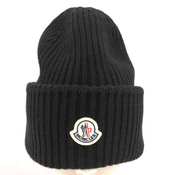 美品 モンクレール ニットキャップ 2023年 ブラック 黒 ワッペン リブ編み 帽子 MONCLER 中古 ◆2008拍卖