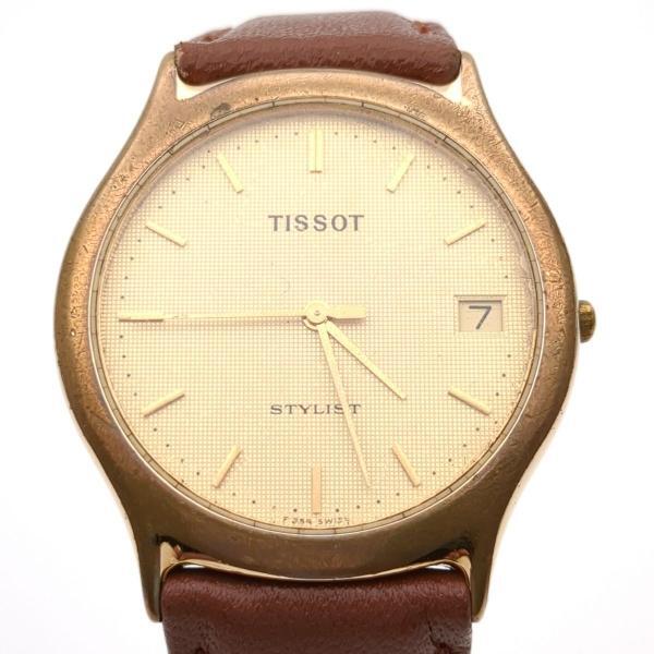 ティソ スタイリスト クォーツ デイト 3針 F354 ゴールド文字盤 メンズ 腕時計 TISSOT stylist 中古 ◆2008拍卖