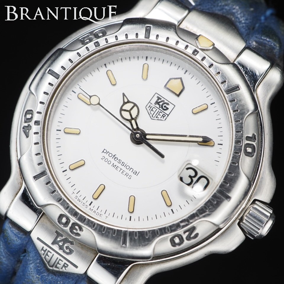 ◆1円~◆ TAGHEUER タグホイヤー 6000シリーズ WH1211 SS 革 QZ クォーツ 白 文字盤 回転ベゼル USED 稼働 メンズ 腕時計「27913」拍卖