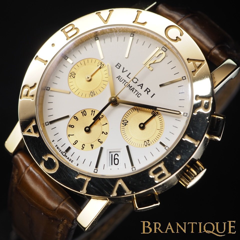 ◆即決あり/K18◆ BVLGARI ブルガリ ブルガリブルガリクロノ BB38GLCH K18 YG 革 自動巻 純正ベルト/尾錠 稼働品 メンズ 腕時計「27897」拍卖