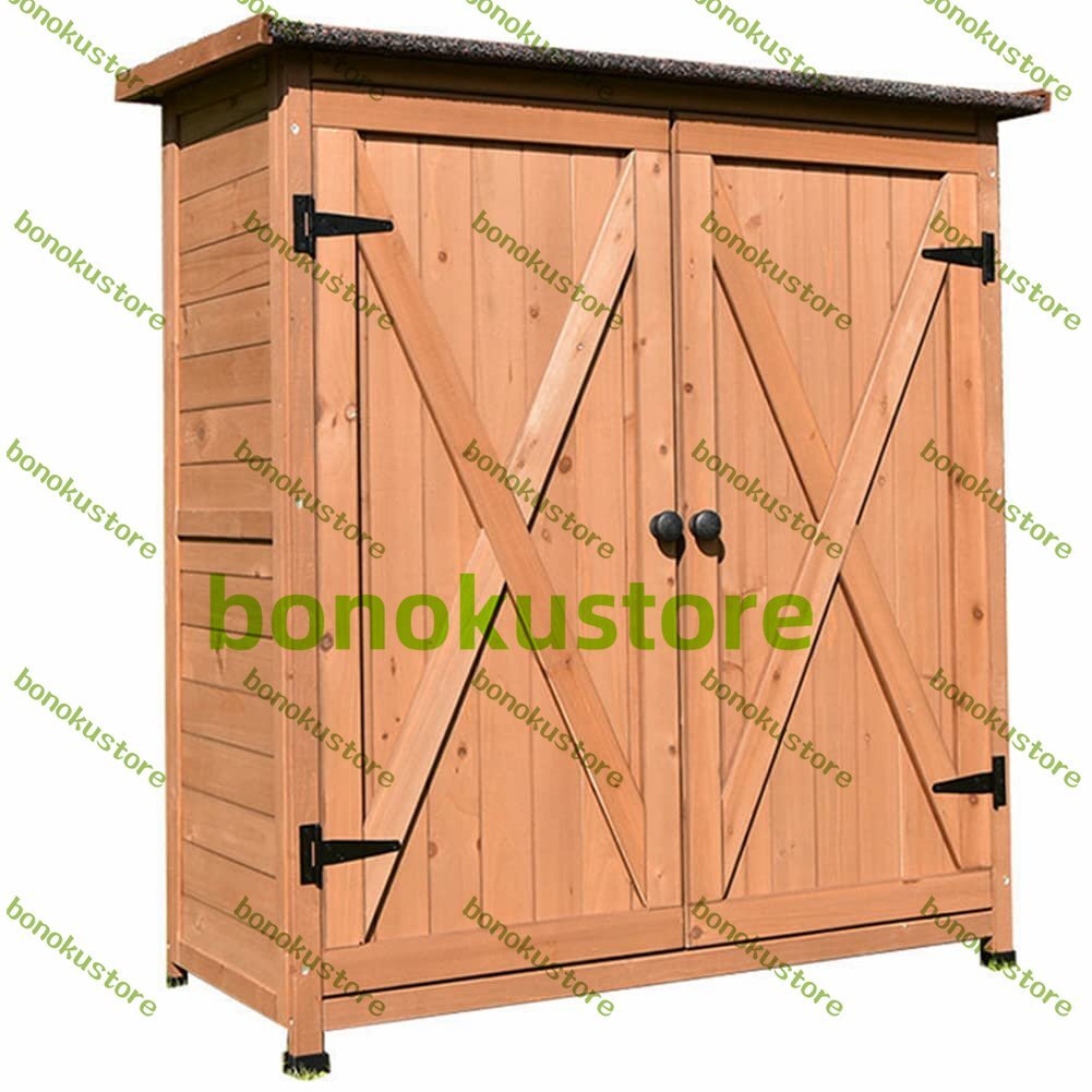 物置 屋外 小型 木製 木製物置 観音開き 物置収納庫 天井アスファルトシングル付き 両開き 扉付き 収納庫 (110×55×118cm ブラウン)拍卖