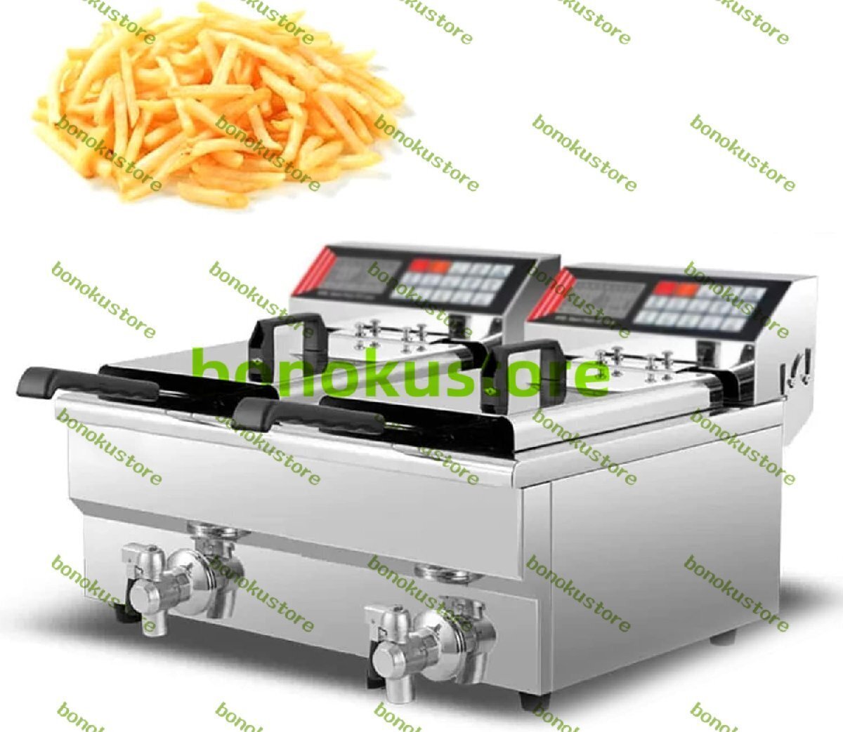 バスケット付き電気フライヤーステンレススチールオイルフライヤー、蛇口付きシングルタンクディープファットフライヤー、温度設定拍卖