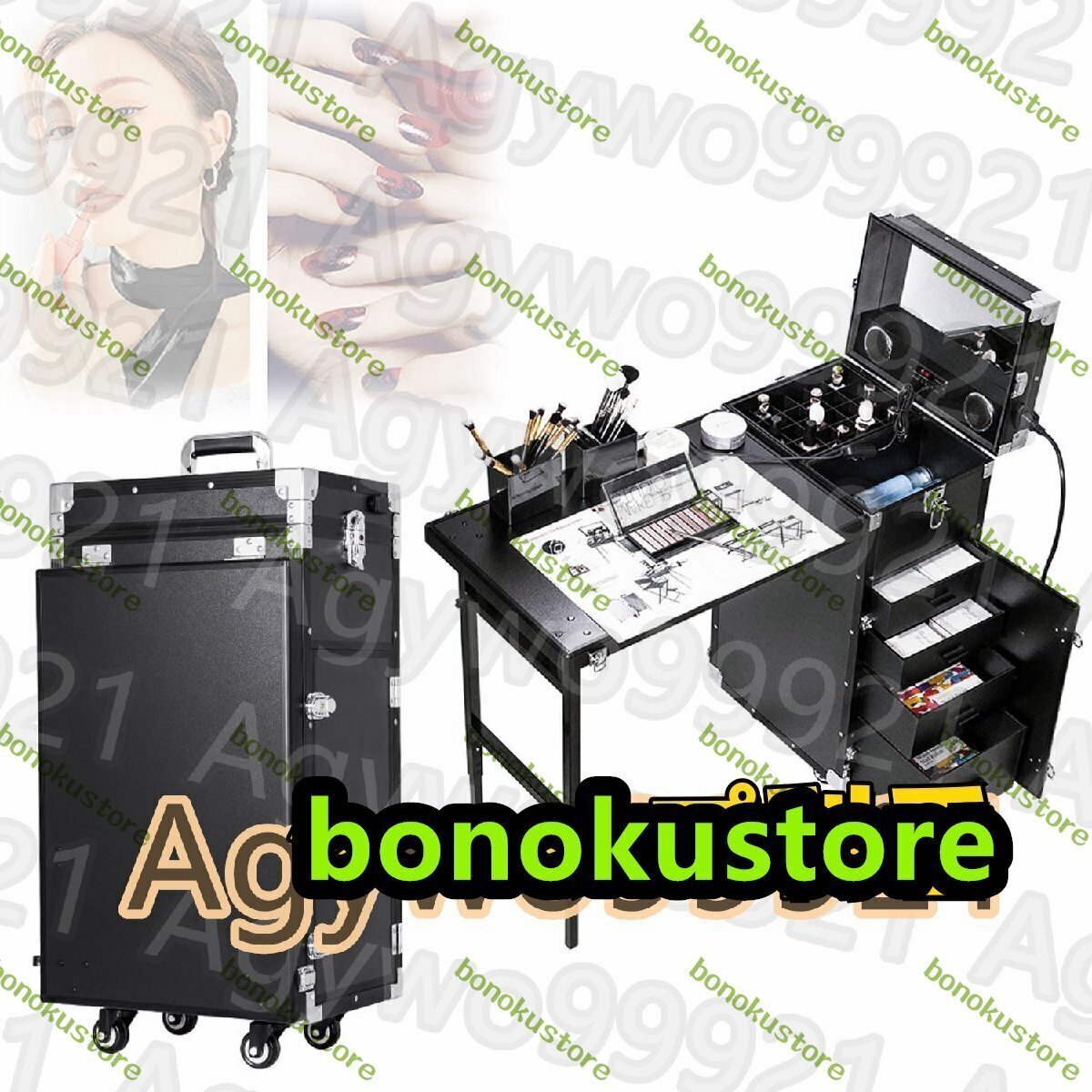 ローリングマニキュアテーブル、6ライト付きプロフェッショナルポータブル化粧品収納ボックス、スピーカー付き4引き出しトロリー拍卖