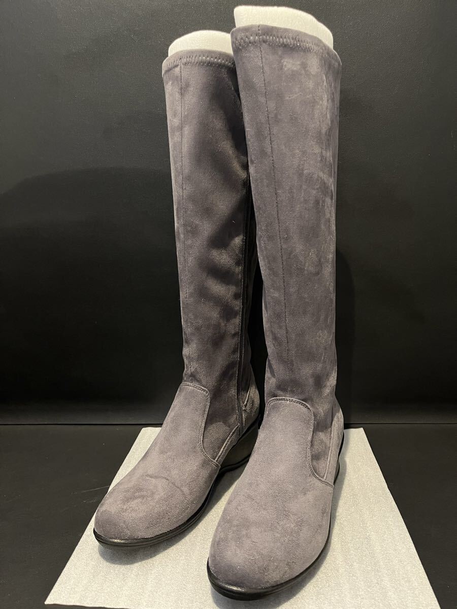 ロングブーツ スエード サイドジップ グレー拍卖