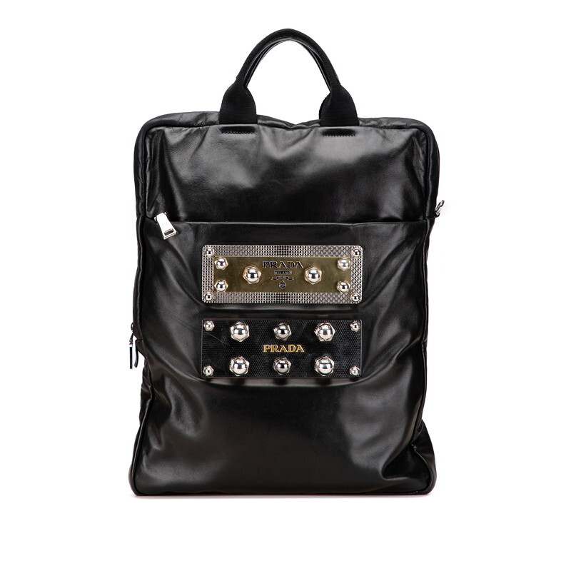 プラダ 三角ロゴプレート メタルプレート スタッズ ハンドバッグ トートバッグ VA0744 ブラック レザー レディース PRADA 【中古】拍卖