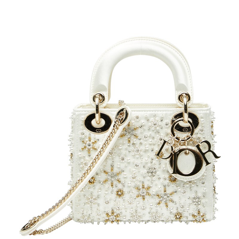ディオール レディディオール ビジュー ミニバッグ ハンドバッグ ショルダーバッグ 2WAY ホワイト ゴールド シルク Dior 【中古】拍卖