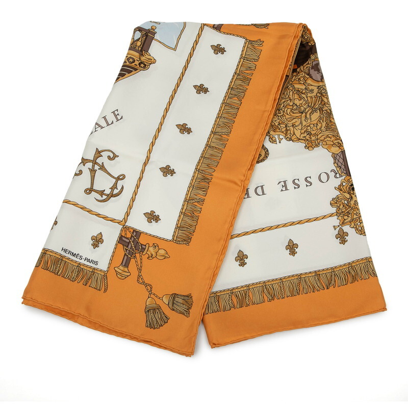 エルメス カレ90 VUE DU CARROSSE DE LA GALERE LA REALE クイーンの戴冠式 スカーフ オレンジ マルチカラー シルク HERMES 【中古】拍卖