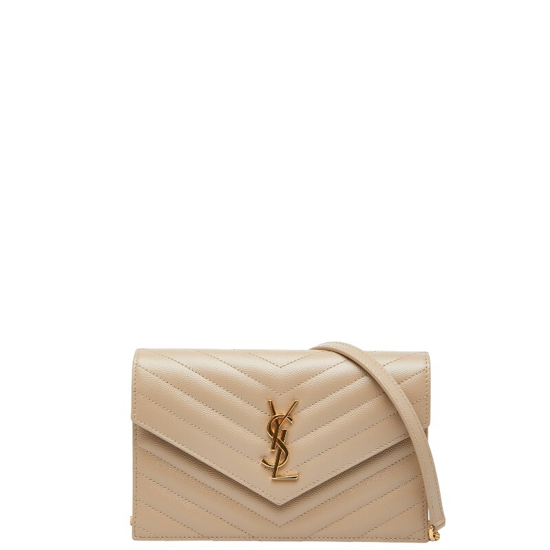 サンローラン カサンドラ エンベロープ 斜め掛け チェーン ウォレット 742920 ベージュ レザー レディース SAINT LAURENT 【中古】拍卖