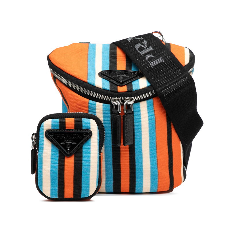 プラダ 三角ロゴプレート ストライプ ショルダーバッグ 2VH147 オレンジ ブラック マルチカラー キャンバス レザー PRADA 【中古】拍卖