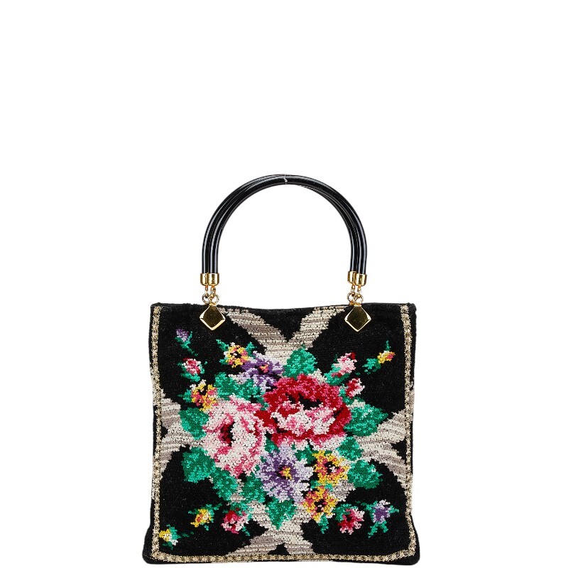 フェイラー 花柄 ミニハンドバッグ ブラック マルチカラー パイル ナイロン レディース FEILER 【中古】拍卖