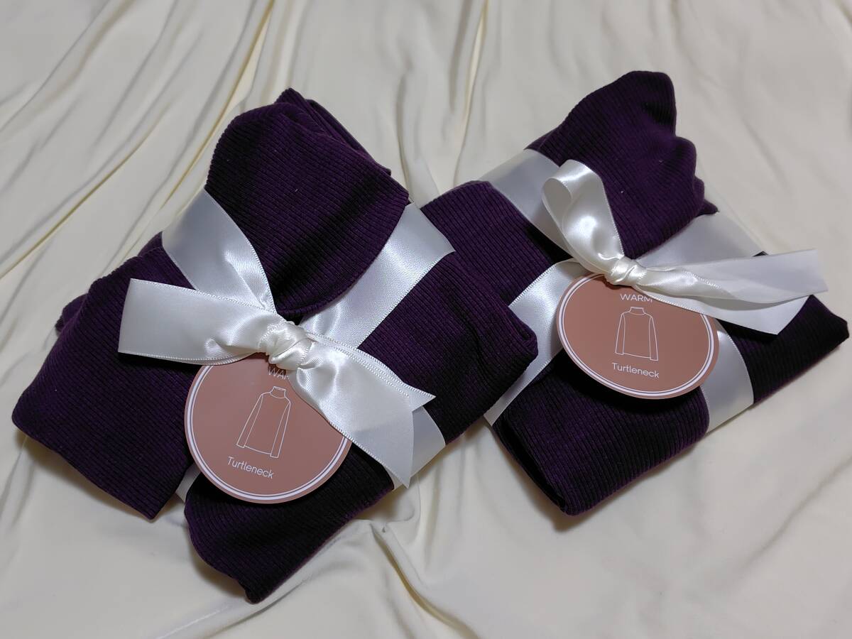 05*【新品タグ付】*GU ジーユー ストレッチ リブタートルネックT(長袖)(ウォーム) パープル 2枚セット 綿混 M レディース 送料無料拍卖