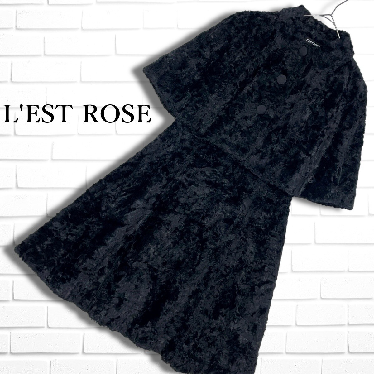 美品 L’EST ROSE レストローズ 毛皮風 アンサンブル セットアップ ケープ + ノースリーブ ワンピース 黒 ブラック レディース F 6155J◇拍卖