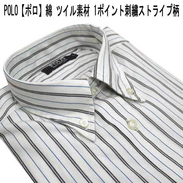 POLO 綿1P刺繍BDシャツ ツイル/ストライプ柄 白ベース M拍卖