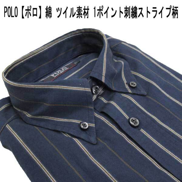 POLO 綿1P刺繍BDシャツ ツイル/ストライプ柄 紺ベース LL拍卖