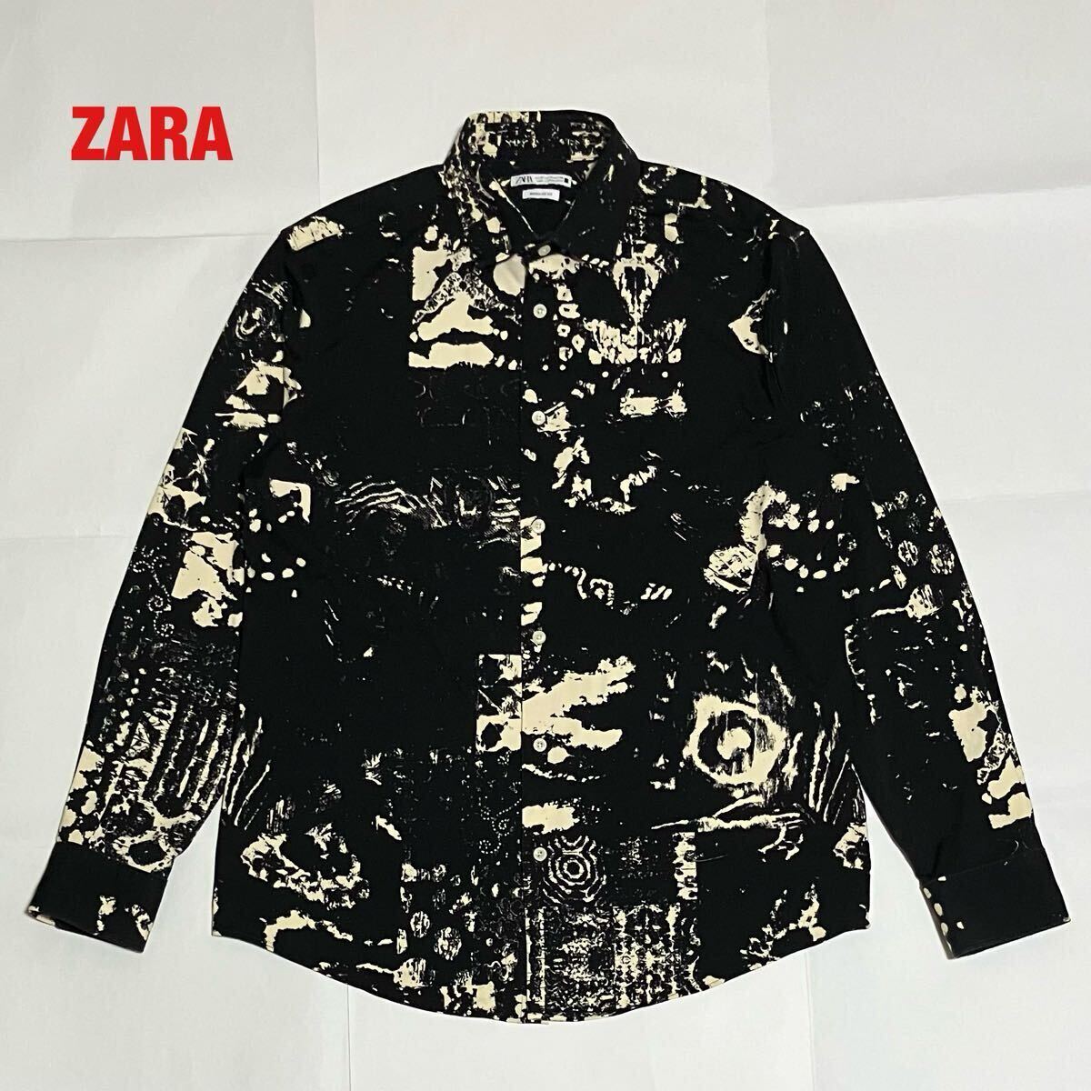 【人気】ZARA ザラ アブストラクトプリントストレッチシャツ 総柄シャツ メンズ レディースユニセックス バイカラー 個性的拍卖
