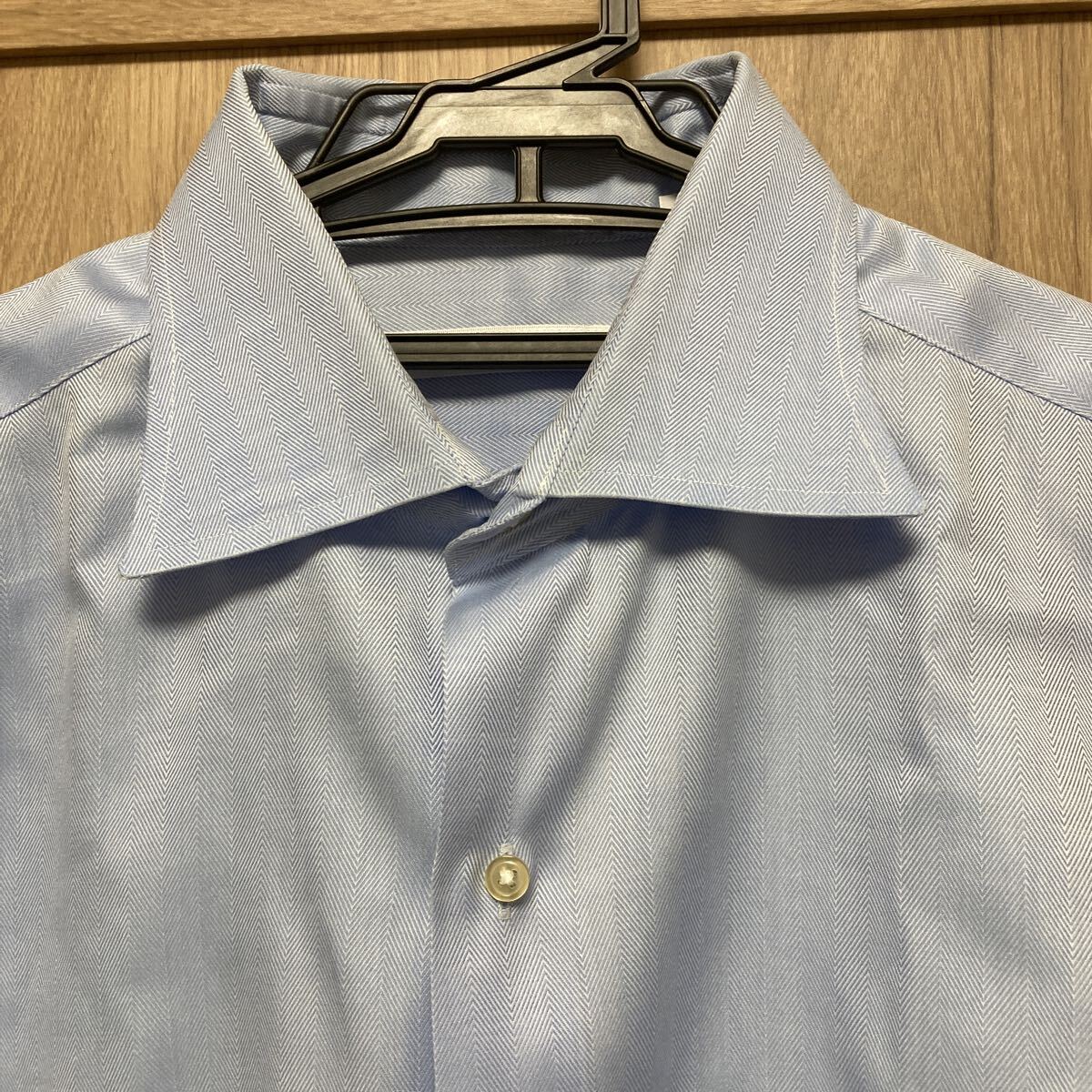 美品 UNITEDARROWS ユナイテッドアローズ グリーンレーベルリラクシング サックスブルー織柄ワイシャツ拍卖