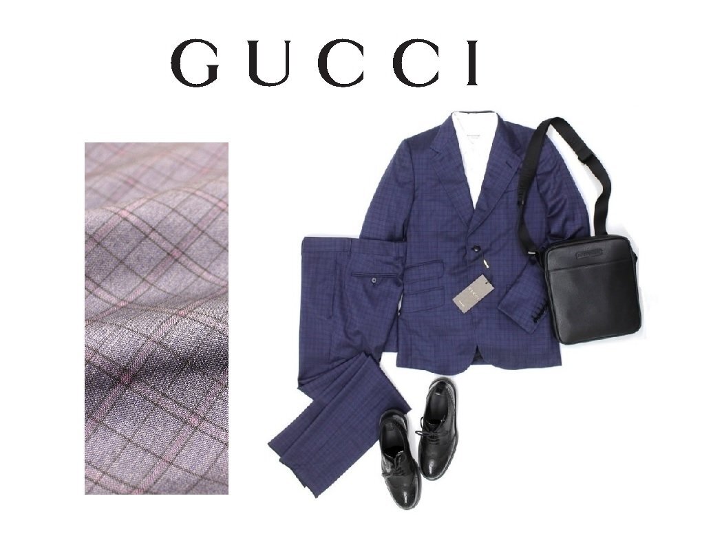 ●65万新品◆46=S◆GUCCI グッチ 格子チェック柄 ホースビット ウール100%スーツ 紺×赤 ネイビー 1円拍卖
