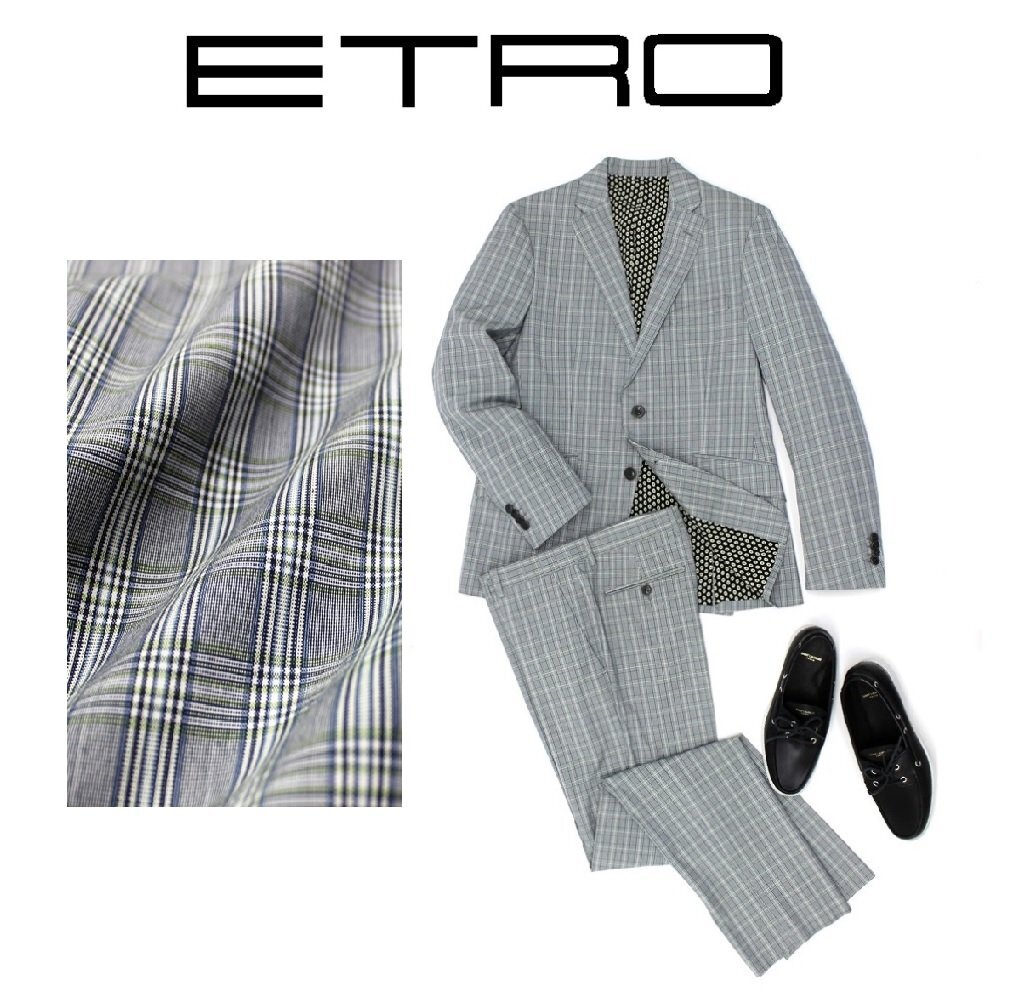 ●38万新品◆52=L◆【ETRO】エトロ◆イタリア製 コットン クラシカルタータンチェック柄スーツ ライトグレー×ブルー 薄灰 1円拍卖