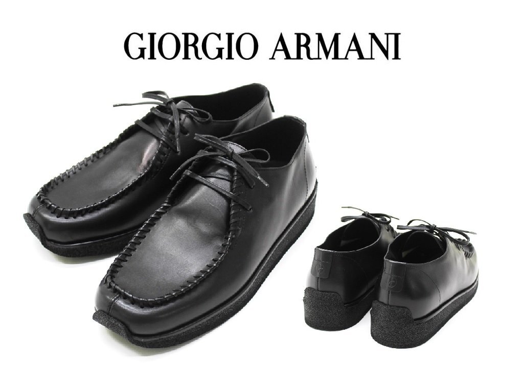 ●22万新品◆7=26cm◆GIORGIO ARMANI アルマーニ カーフレザー トラッドカジュアル チロリアンドレスシューズ 黒 1円拍卖