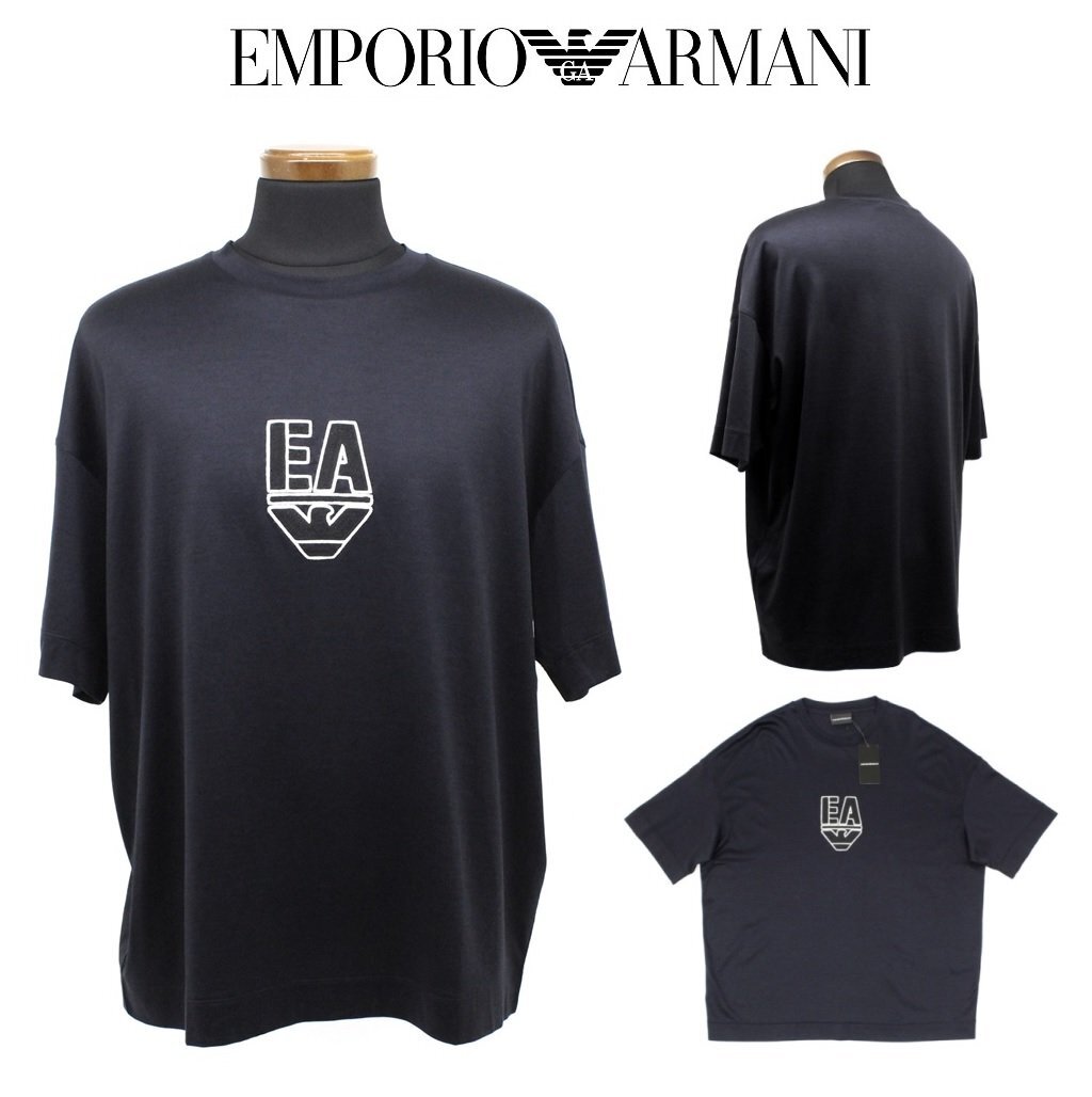 ●5万新品◆XL◆【EMPORIOアルマーニ】薄手接触冷感EA×イーグルロゴ刺しゅうTシャツ 濃紺ダークネイビー 1円拍卖