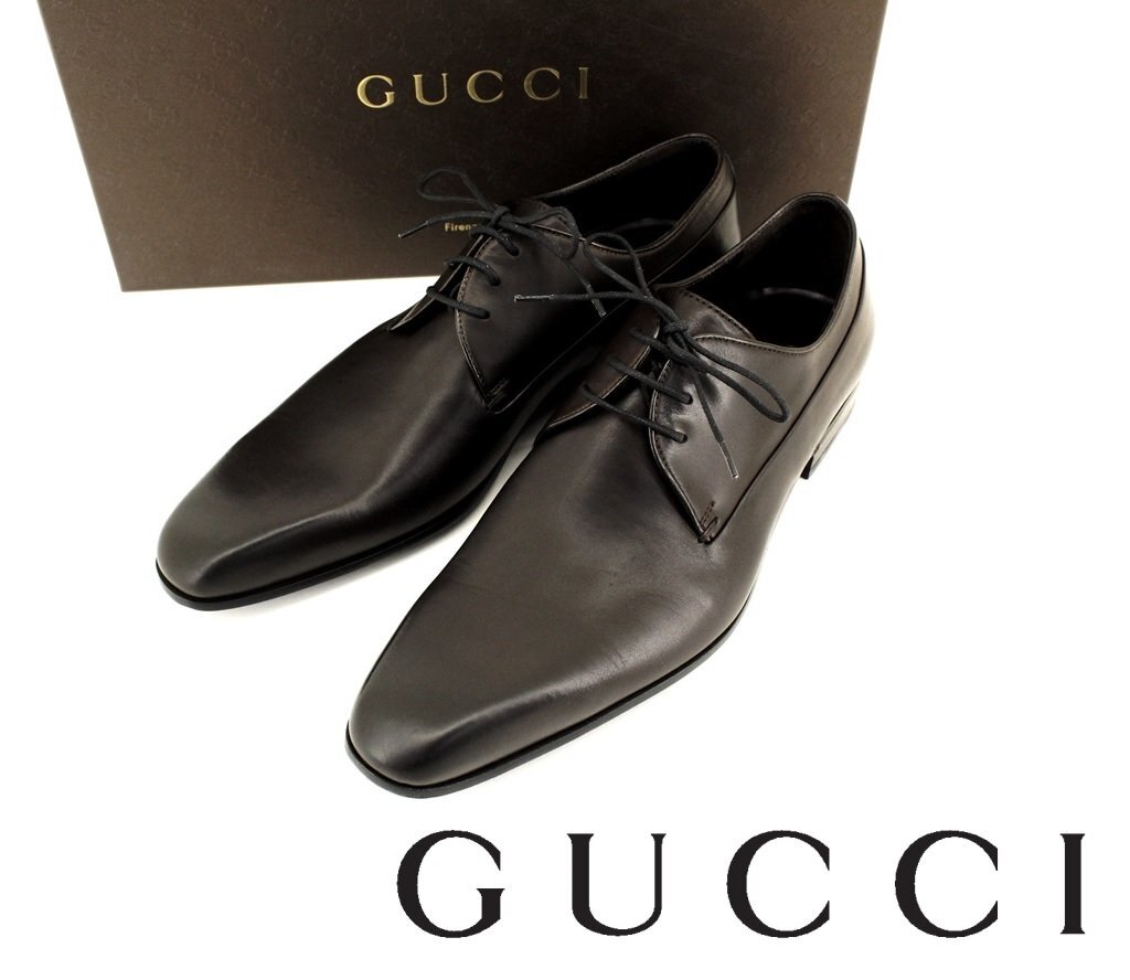 ●22万新品◆7=25cm◆GUCCI グッチ イタリア製 レザーポインテッドレースアップシューズ ダークブラウン濃茶 1円拍卖