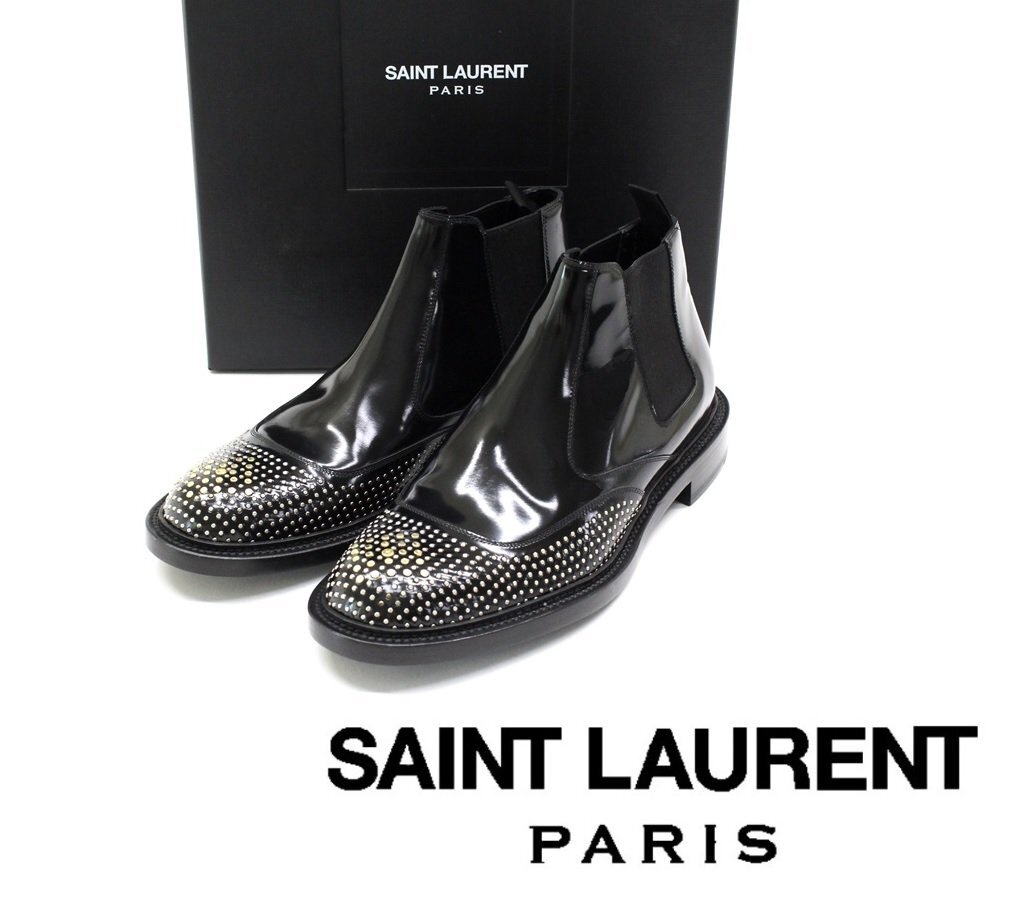 ●28万新品◆43=28cm◆【サンローラン】パテントレザー スタッズ サイドゴア チェルシーブーツ シューズ 黒 1円拍卖