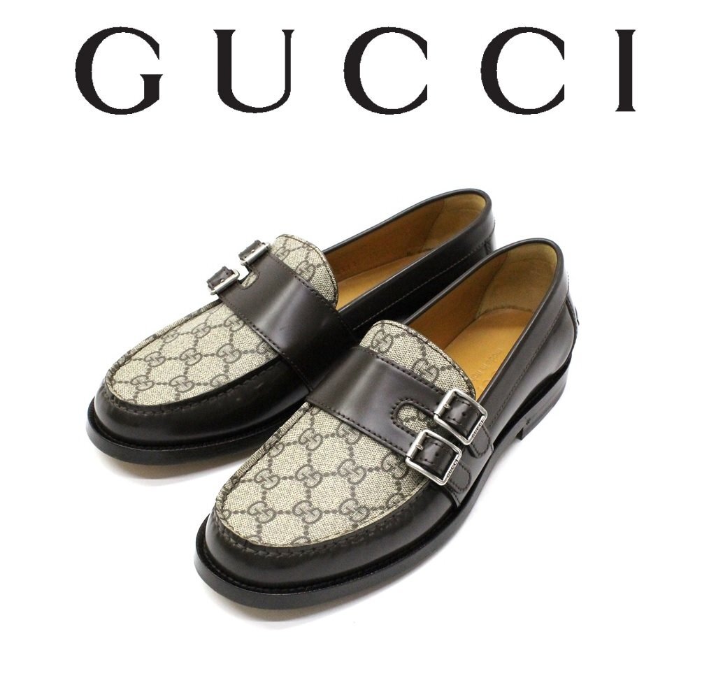 ●21万新品◆6H=25.5cm◆GUCCIグッチ GGモノグラム柄 ダブルストラップ レザーローファーシューズ ブラウン茶 1円拍卖