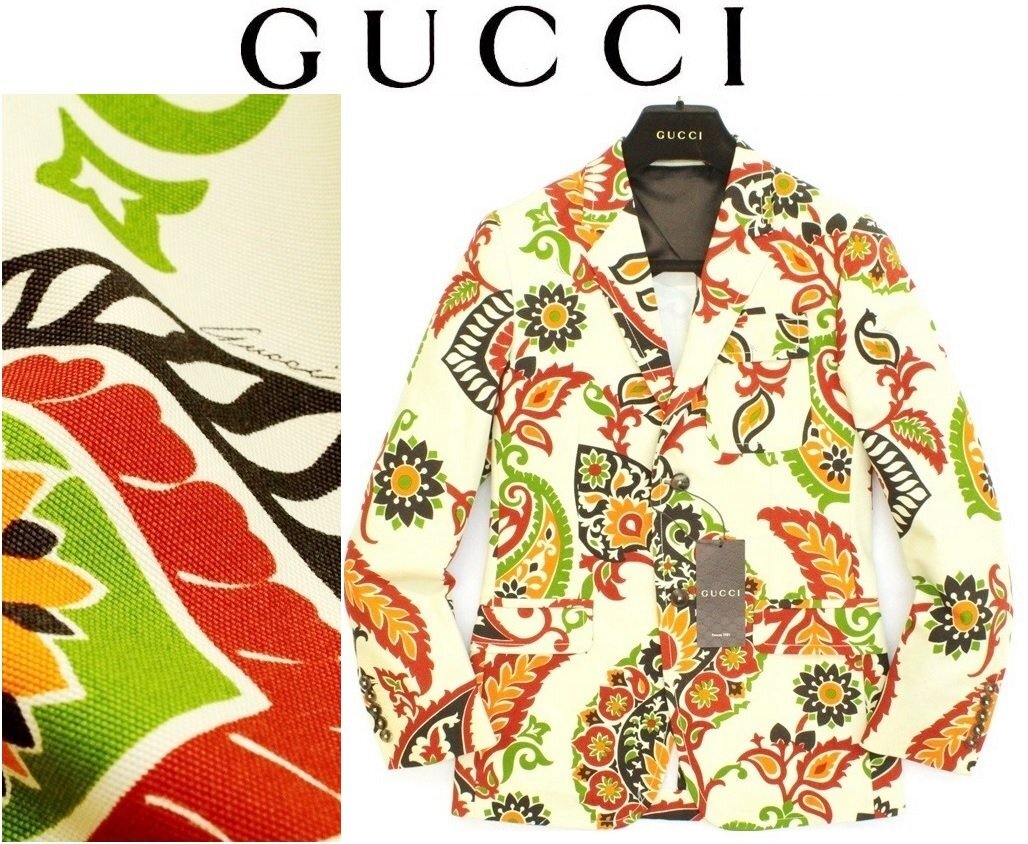●45万新品◆50=M~L◆GUCCI グッチ ライトベージュ×赤茶系ピーコック柄ジャケット 1円拍卖