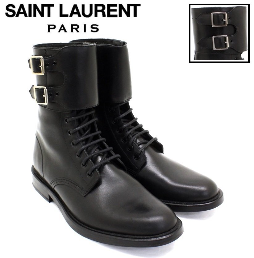 26万新品◆41H=26.5cm◆【サンローラン】黒レザーベルト付きレースアップブーツ1円拍卖