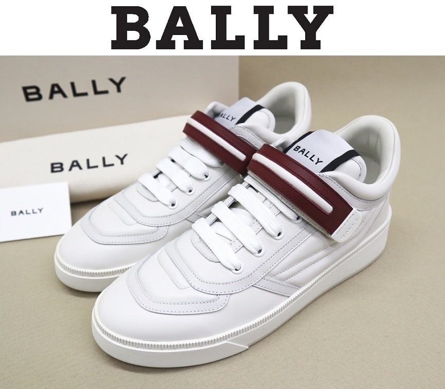 ●13万新品◆BALLY◆7H=26.5cm◆バリーストライプベルクロ バックロゴレースアップレザースニーカー白×赤 1円拍卖