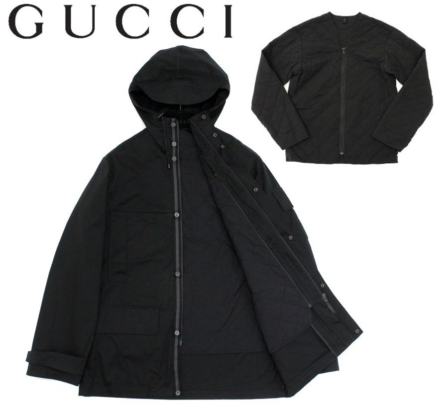 45万新品◆54=XL◆GUCCIグッチ 黒ストレッチコットンライナー付きフィールドコートVIAGGIO1円拍卖