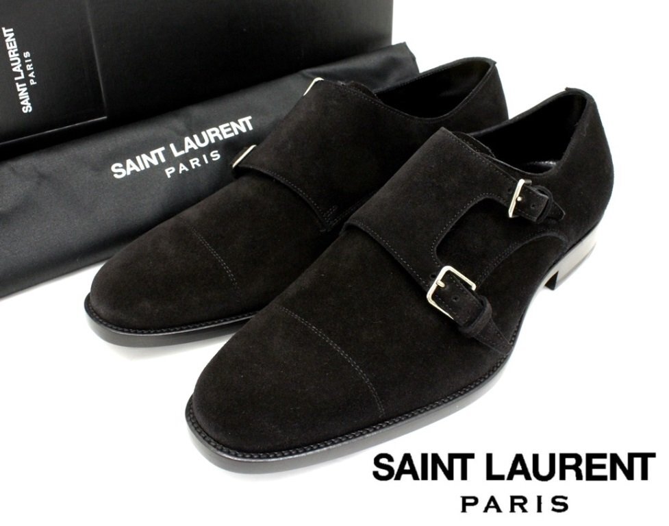 ●20万新品◆43H=28.5cm◆【サンローラン】 スエードダブルモンクストラップシューズ黒 1円拍卖