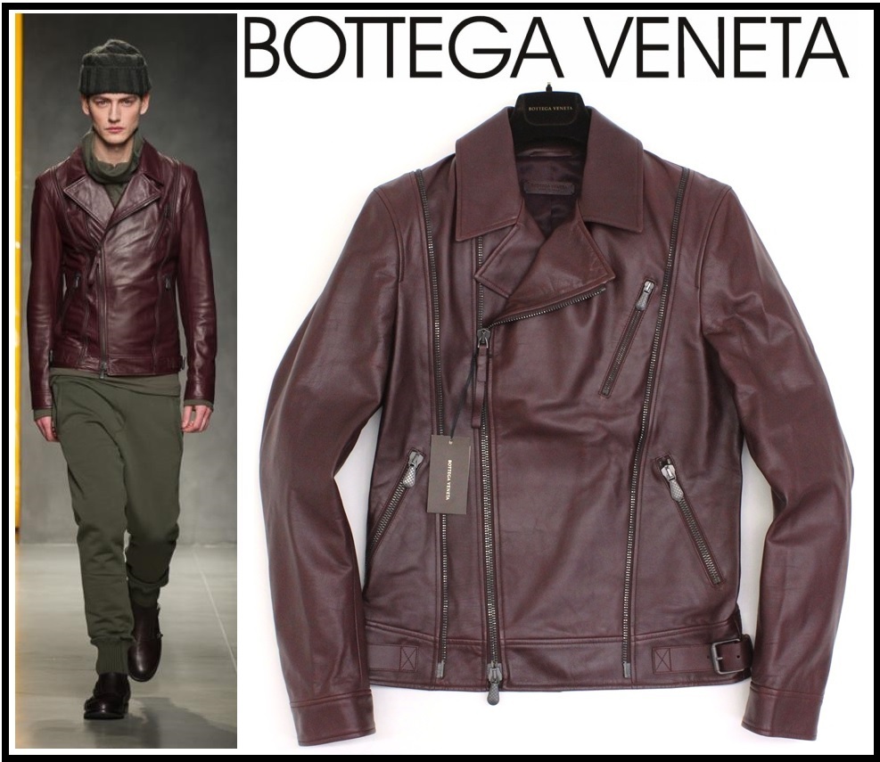 124万新品◆50=L◆ボッテガヴェネタ ボルドー最高級レザーライダースブルゾン1円拍卖