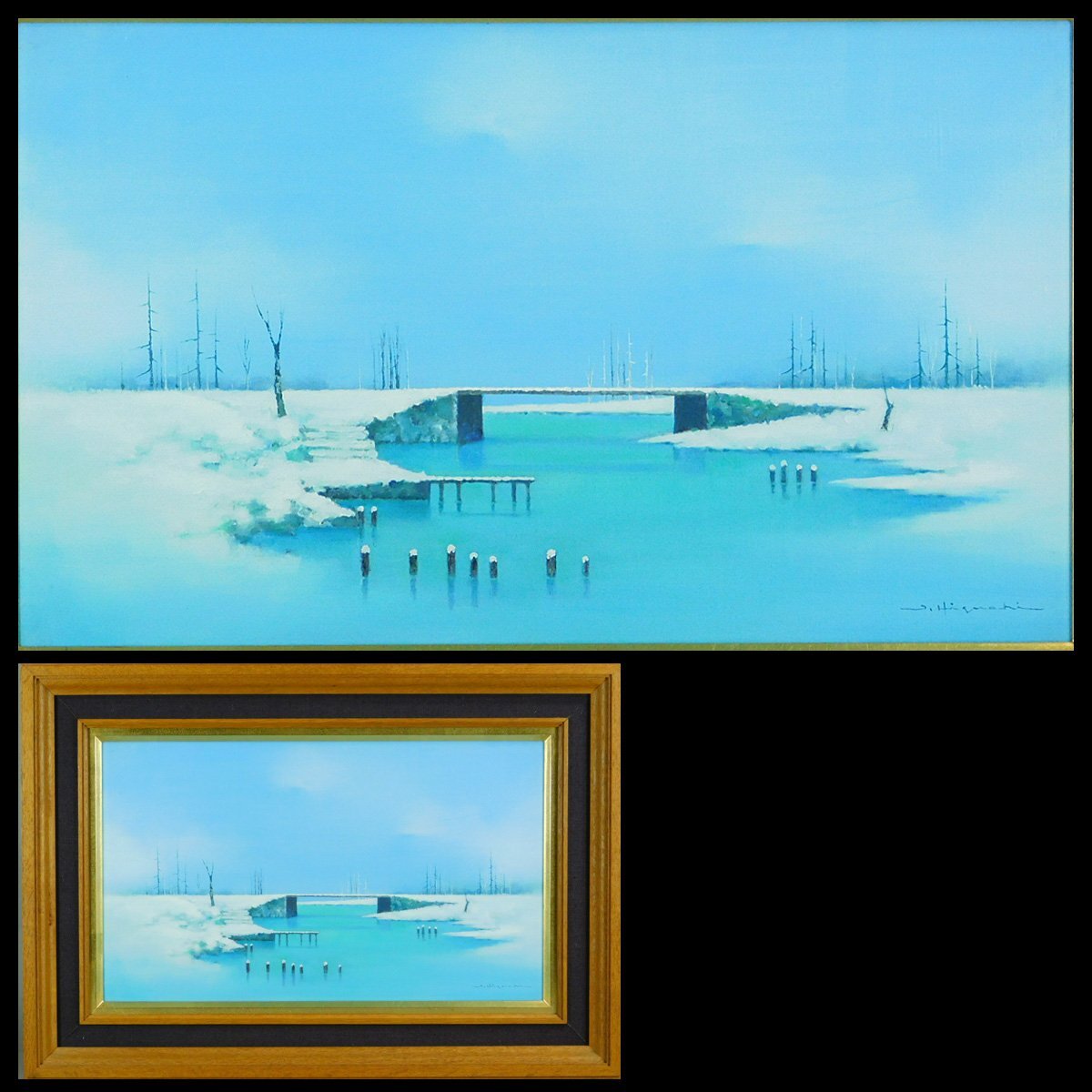 樋口治平「凍る」キャンバス 油彩 M8 額装 文部大臣賞 福岡出身 青と白の絶妙なコントラスト、冴える樋口ブルー ka2510N18拍卖