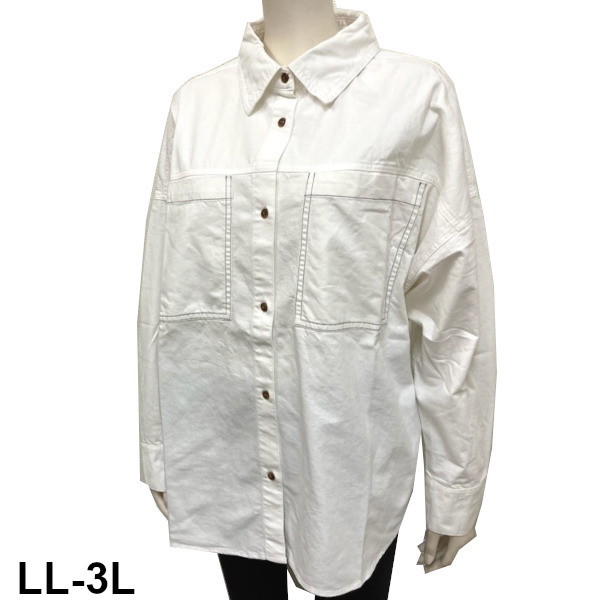 即決新品 レディース 大寸 長袖シャツ ビッグポケット オフホワイト LL-3L 綿100% デニム調 送料無料拍卖
