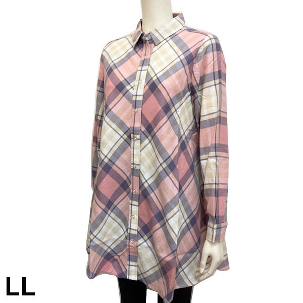 即決新品 レディース バイアス シャツチュニック LLサイズ 長袖 ワイドチュニック 綿100% 送料無料拍卖