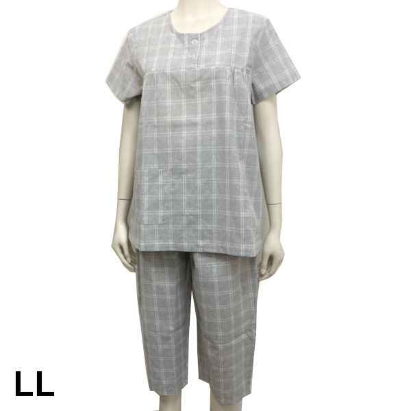 即決新品 レディース 半袖 7分パンツ 上下 ルームウエア グレー チェック LL パジャマ 送料無料拍卖