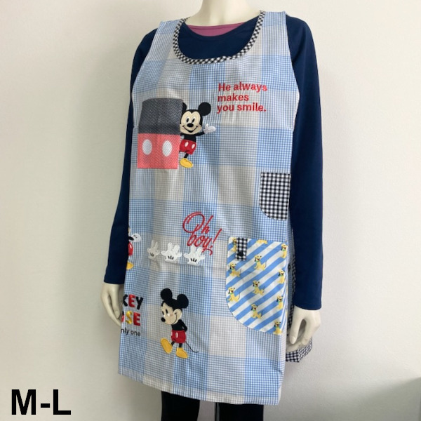 即決新品 エプロン ミッキーマウス チェック M-L 大人用 アップリケイ ティッシュ入れ付き 送料無料 ディズニー拍卖