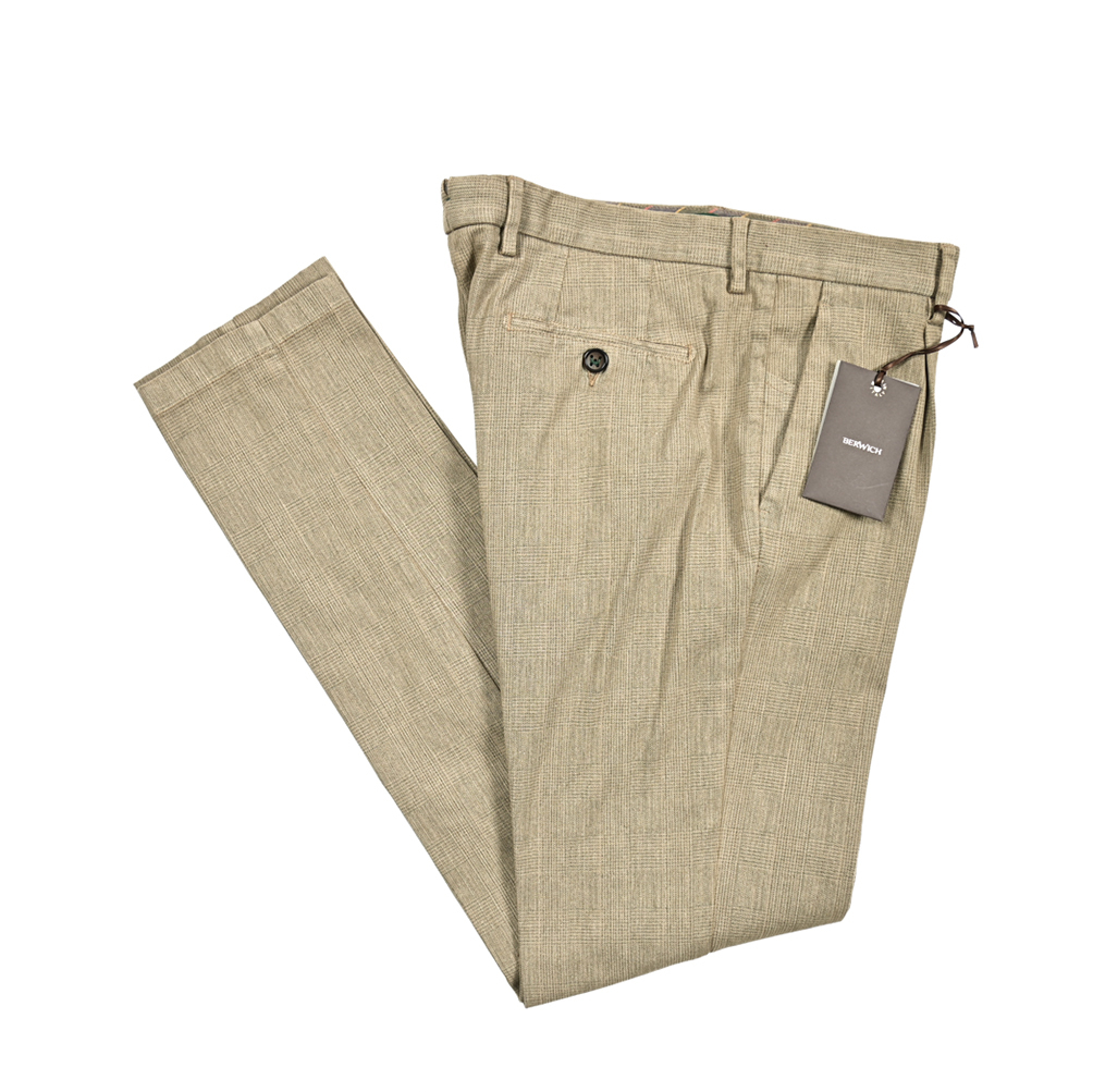 秋冬新入荷 新品 ベルウィッチ BERWICH MORELLO スラックス ワンタック パンツ ストレッチ 秋冬 コットン チェック ベージュ 412075-50拍卖