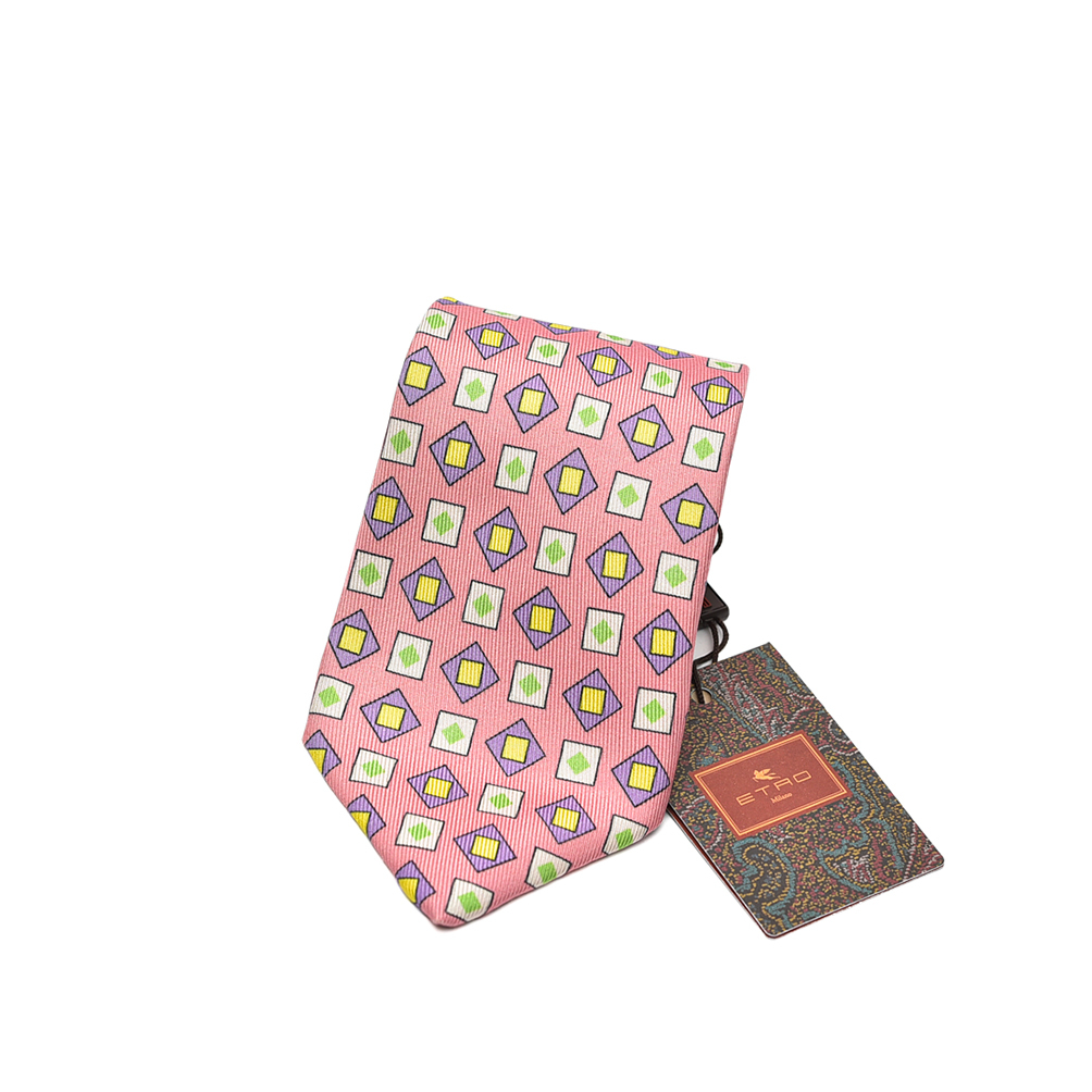 新入荷 新品 エトロ ETRO ネクタイ オールシーズン メンズ シルク 100% 総柄 幾何柄 ピンク 406680拍卖