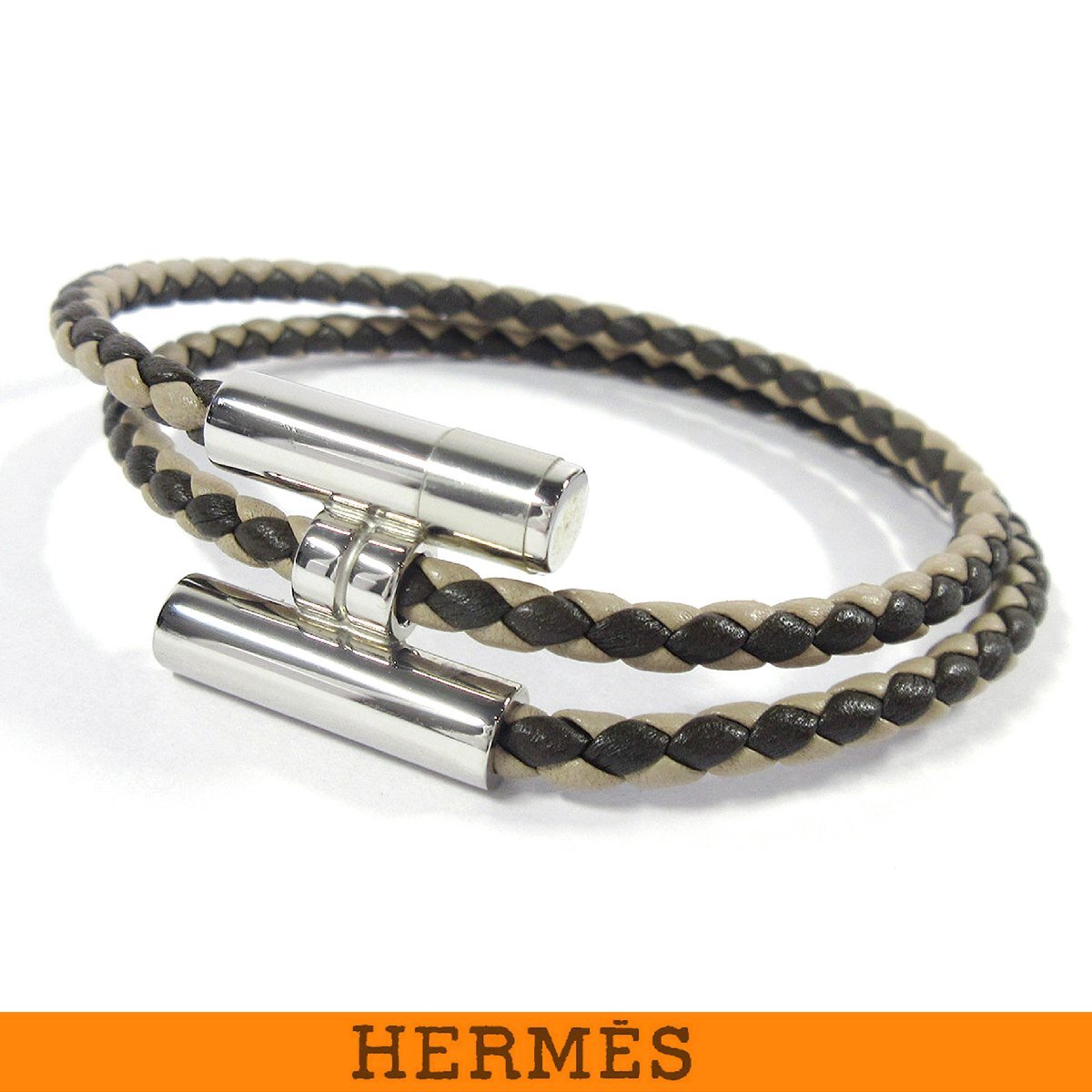 エルメス トゥルニ トレッセ Hロゴ レザー 編込み 2連ブレスレット ヴォー スウィフト ブラウン ベージュ パラディウム Mサイズ T3拍卖