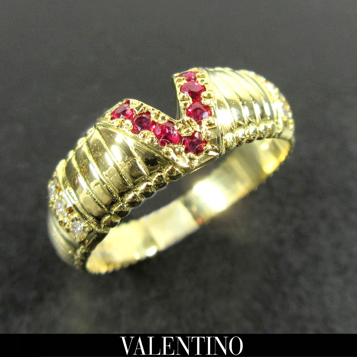 ヴァレンティノ K18YG Vロゴ ルビー ダイヤモンド デザイン イエローゴールド リング 15.5号 D0.075ct 4.1g 指輪 J426拍卖