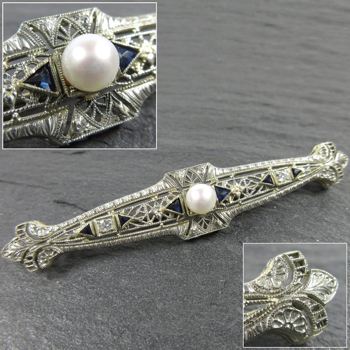 ヴィンテージ ジュエリー 14K WG 1粒 5.4mm アコヤ真珠 ダイヤモンド サファイア 透かし ミル打ち デザイン ブローチ 6g J04拍卖