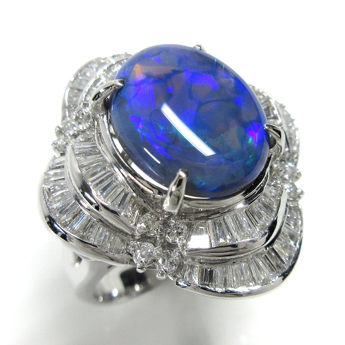 Pt900 オーバル カボションカット ブラックオパール ダイヤモンド デザイン プラチナ リング 4.89ct D2.15ct 12号 鑑別書付 指輪拍卖