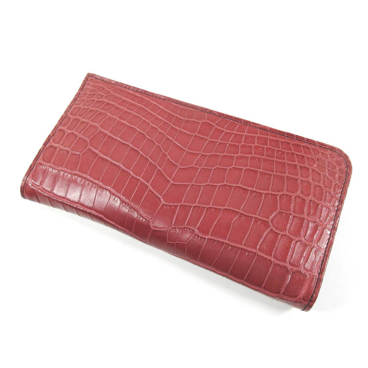 JRA 最高級 イリエワニ クロコダイル ポロサス センター取り L字ファスナー 長財布 レッド 黒ステッチ オーダー品 男女兼用拍卖